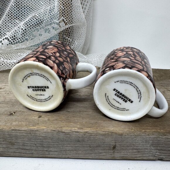 Starbucks Coffee Bean Print Ceramic Mugs 2007 Set Of 2 Demitasse - Picture 5 of 6
